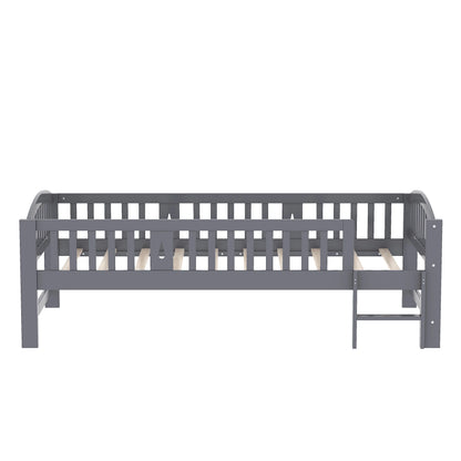 SESSLIFE Twin Size Platform Bed, Solid Wood Twin Bed Frame with Slats, Fence Guardrail Ladder, Twin Floor Bed with Strong Legs for Boys Girls, No Box Spring Needed, Holds 400 lbs, White