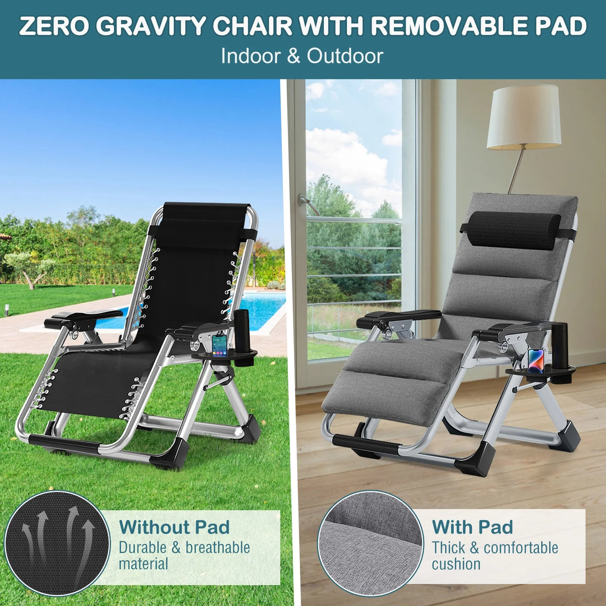 NAIZEA Zero Gravity Chair with Removable Cushion and Cup Holder Black
