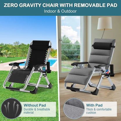 NAIZEA Zero Gravity Chair with Removable Cushion and Cup Holder Black