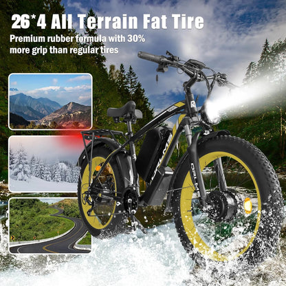 5000W (Peak) Electric-Bike for Adults, 60V 25AH Battery Electric Motorcycle, Dual-Motor-Ebike 50MPH Ebike, 26*4.0 Fat Tire Electric-Bicycle, AWD 21-Speed Mountain Bike for All-Road UL 2849