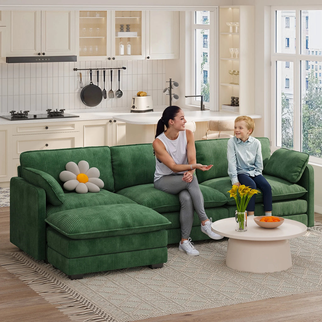 Lofka 110�� Modular Sectional Sofa Bed with Double Layer Cushions and Movable Ottoman, Modern Comfy Cloud Couch for Living Room, DIY Combination, Green