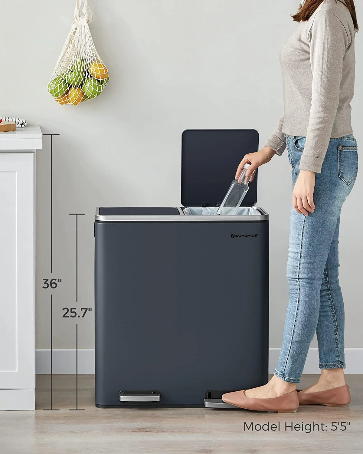 16 Gallon Dual Trash Can, Rubbish Bin and 15 Trash Bags, Metal, Almond Color