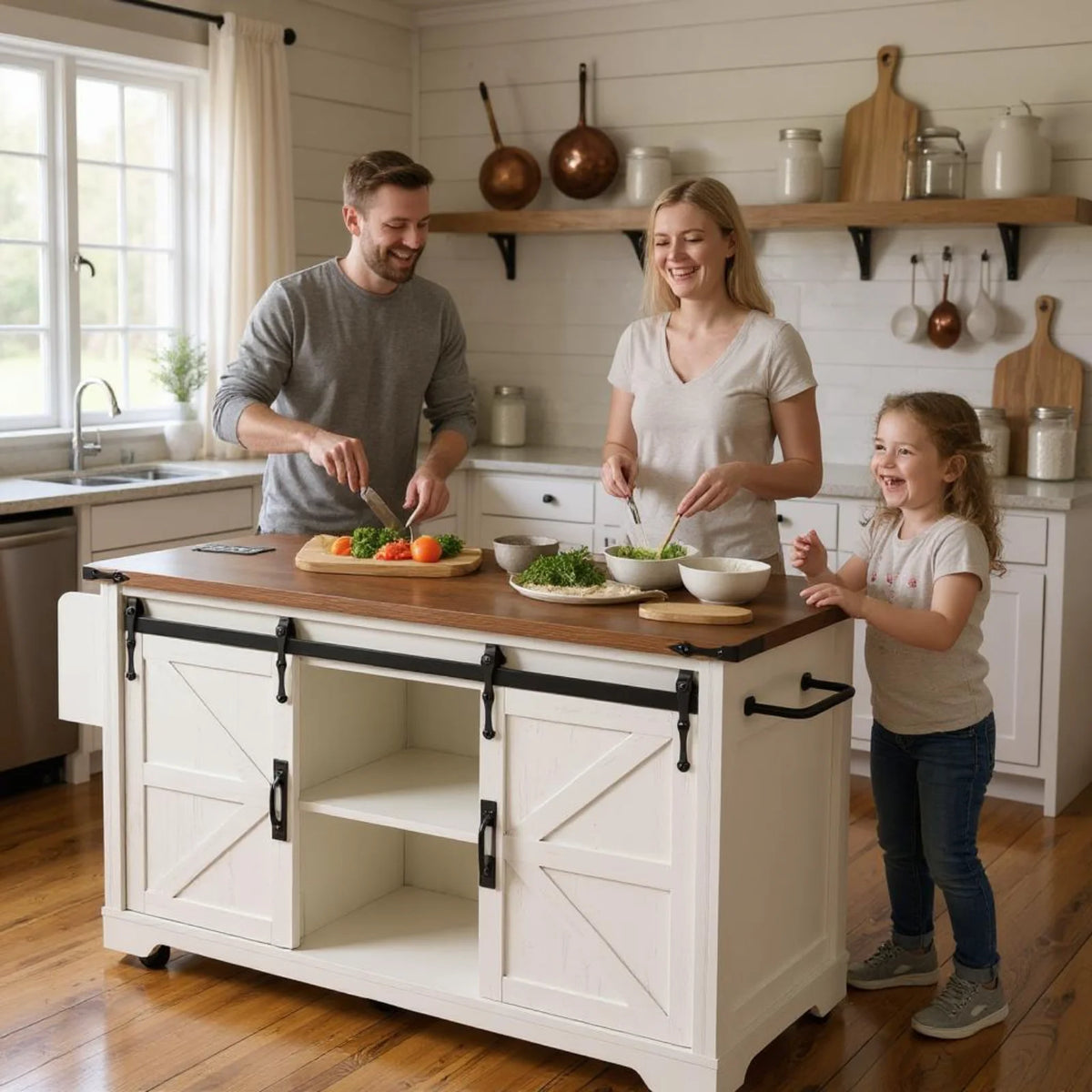 Homy Casa Farmhouse 53.7" Kitchen Island with Storage Cabinet, Sliding Barn Doors, and Wheels, White Oak