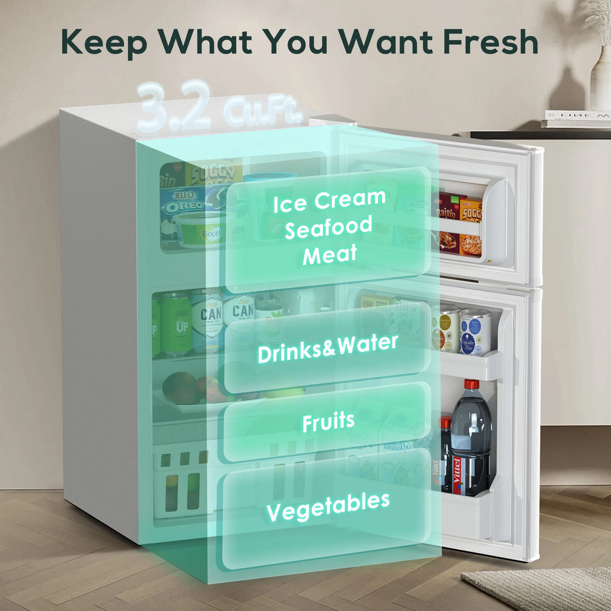 Auseo 3.1 Cu.Ft Double Door Mini Fridge with Freezer, Compact Retro Refrigerator for Dorm, Office, Bar, Bedroom, Black