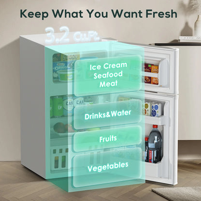 Auseo 3.1 Cu.Ft Double Door Mini Fridge with Freezer, Compact Retro Refrigerator for Dorm, Office, Bar, Bedroom, Black