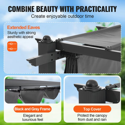 KFFKFF 10'x10' Aluminum Pergola, Outdoor with Retractable Sun Shade Canopy, Ideal for Patio, Garden, Deck, Backyard - Gray