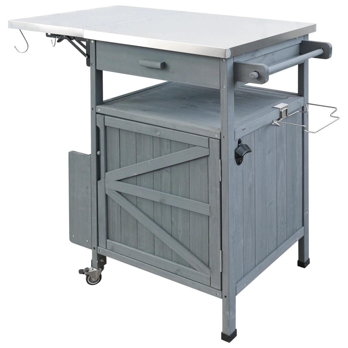 Bellemave Outdoor Serving Cart Kitchen Island Solid Wood Mobile Rolling Bar Cart with Lockable Wheels, Rack and Stainless Steel Top Beverage Storage Counter Table with Cabinet for Patio, Natural