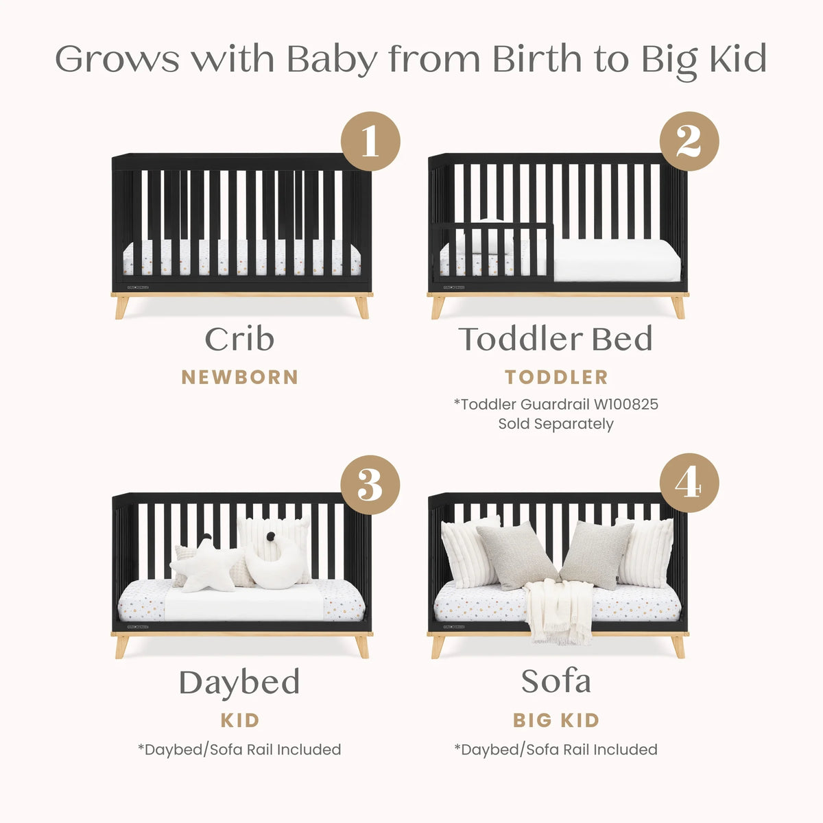 Delta Children Frankie 4-in-1 Convertible Crib - Greenguard Gold Certified, Black with Natural