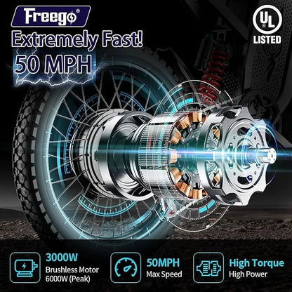 6000W(Peak) Motor 60V/30Ah Battery Freego X2Pro Electric Motorcycle for Adults, Electric Bike ,50MPH/7 Speed Off Road Electric Bicycle,19x2 Full Suspension/Four-Piston Hydraulic Brake UL2849MTB