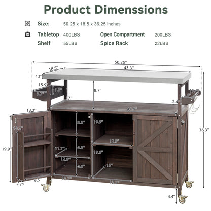 Bellemave Outdoor Serving Cart Kitchen Island Solid Wood Mobile Rolling Bar Cart with Lockable Wheels, Rack and Stainless Steel Top Beverage Storage Counter Table with Cabinet for Patio, Natural