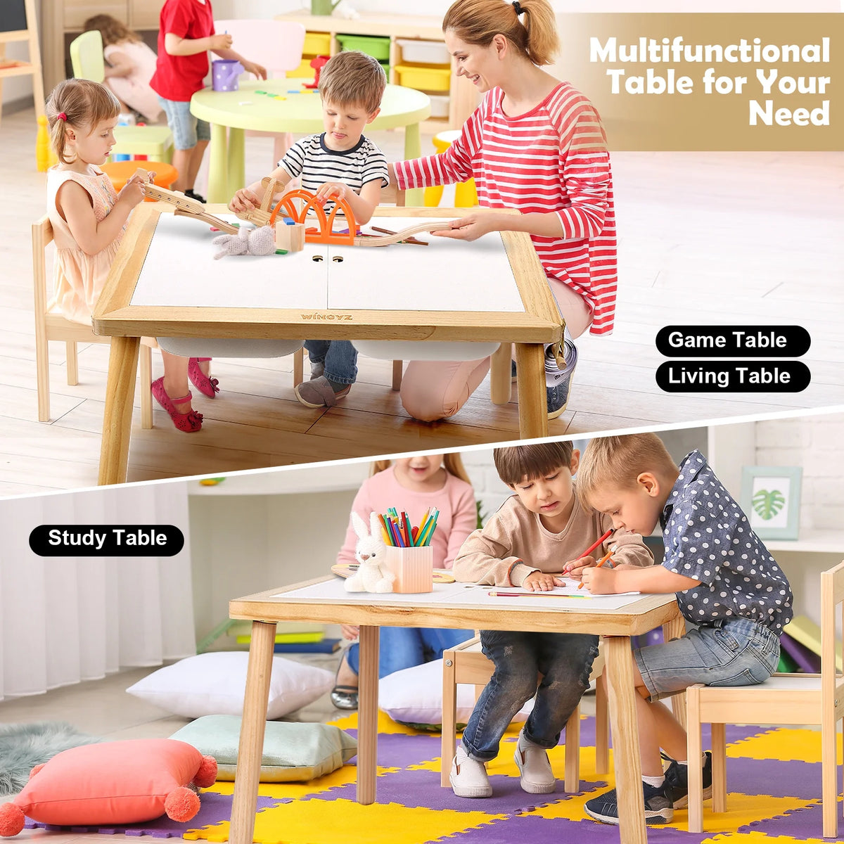 Sweet Time Toddler Sensory Table Chairs, Wood Kids Activity Table with Storage Play Study Furniture