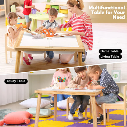 Sweet Time Toddler Sensory Table Chairs, Wood Kids Activity Table with Storage Play Study Furniture