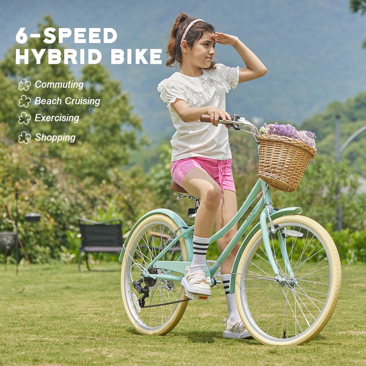Glerc Missy 24" Girls Cruiser Bike 6-Speed Women's Hybird Bicycle for Ages 7-11 Years, Mint Green