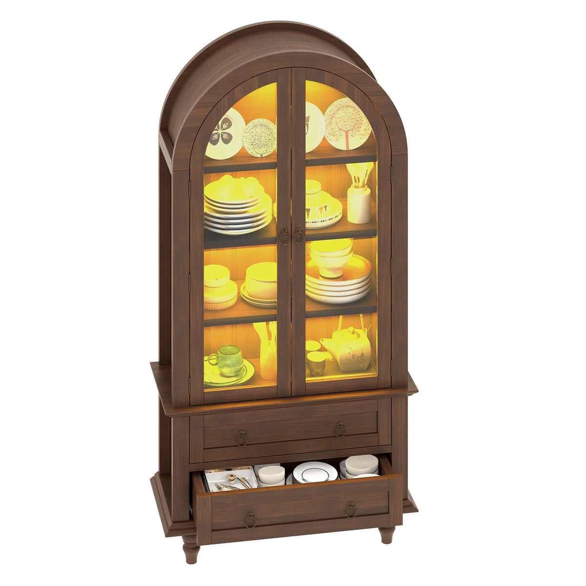 Uforic 73" Arched Pantry Cabinet with LED Light, Drawers, Shelves, Farmhouse Kitchen Storage, Black