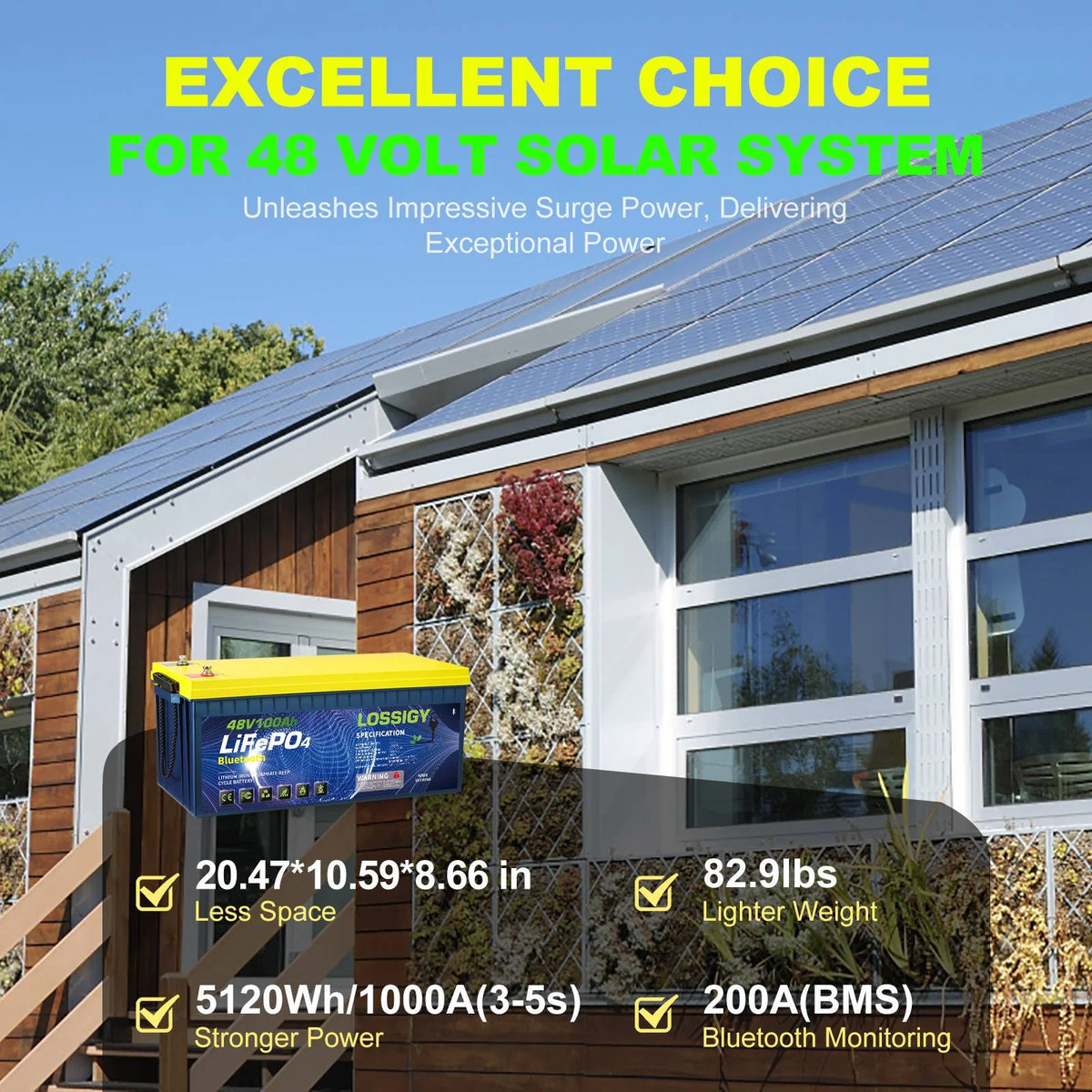 LOSSIGY 48V 100AH LiFePO4 Lithium Golf Cart Battery with 48V18A Charger, Perfect for Solar System, Marine, 5120Wh 5000+ Deep Cycles, Built in BMS with 10 Yrs Lifespan
