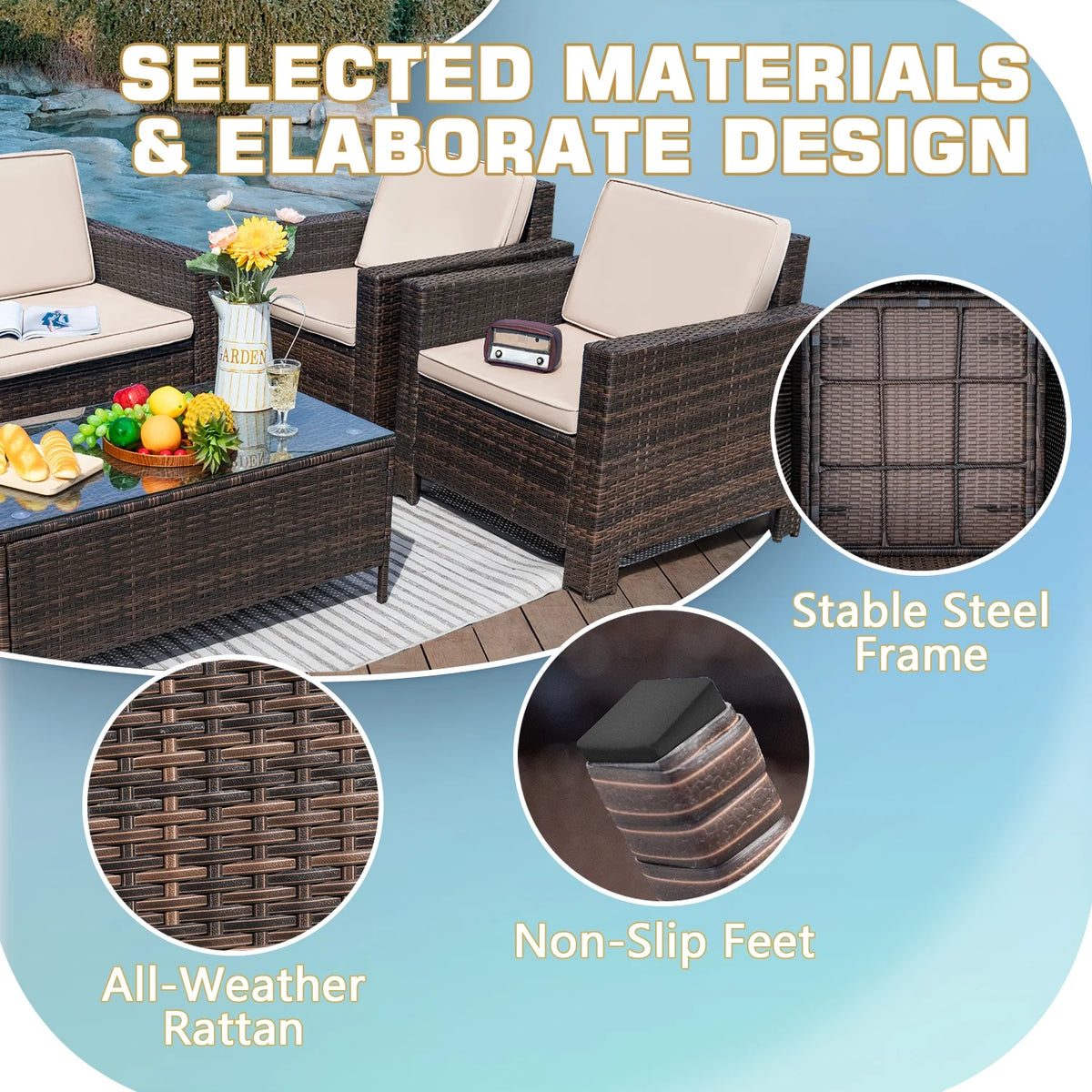 Lacoo 4 Pieces Patio Furniture Sets Rattan Chair Wicker Conversation Sofa Set Outdoor Tble and Chairs for Backyard Porch Garden Poolside Balcony, White
