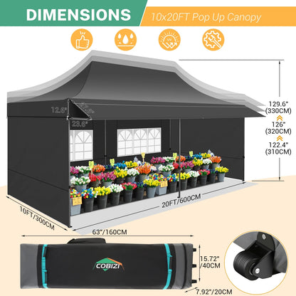 COBIZI 10x20 Pop Up Canopy Heavy Duty Party Tent with Removable Awning and Sidewalls,Easy Up Outdoor Wedding Canopy,Gazebo All Season Windproof&Waterproof with Roller Bag UPF 50+,Black