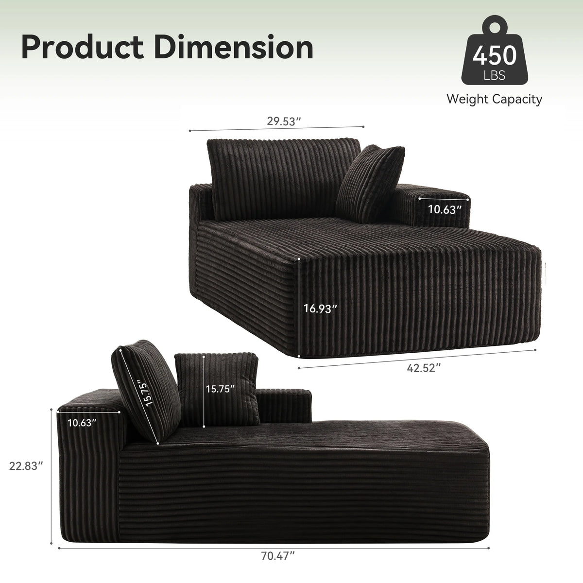 LUMIHO Chaise Lounge Chair Indoor, 42" Sleeper Chair with Two Throw Pillows and Armrests, Corduroy Chaise Couch Chair with Ottoman for Living Room, Bedroom, Apartment, Green