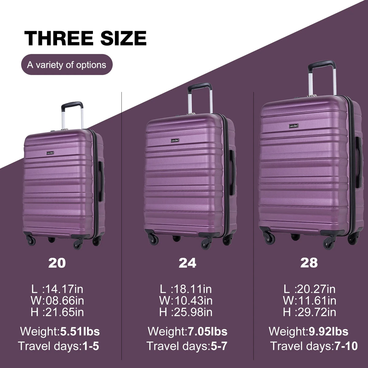 Tripcomp Hardside Luggage Set 3-Piece Set (21/25/29) Lightweight Suitcase 4-Wheeled Suitcase Set(Purple)