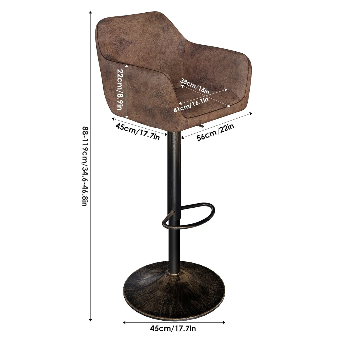 Homfa Swivel Bar Stool with Armrests, Tall Adjustable Rolling Stool Chair with Back for Home Office, Vintage Brown (Set of 2)