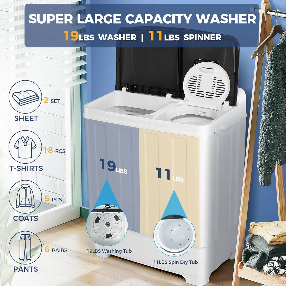 Qhomic Portable Washer 30lbs, 2-in-1 Twin Tub Washer & Dryer Combo Compact Semi-Automatic Washing Machine with Drain Pump, Black