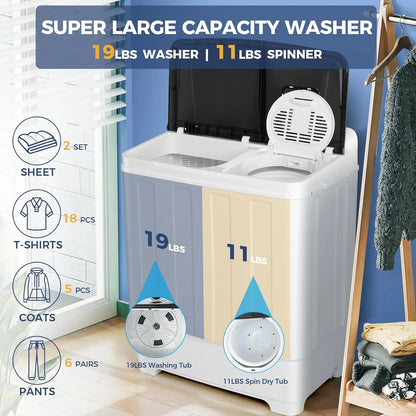 Qhomic Portable Washer 30lbs, 2-in-1 Twin Tub Washer & Dryer Combo Compact Semi-Automatic Washing Machine with Drain Pump, Black