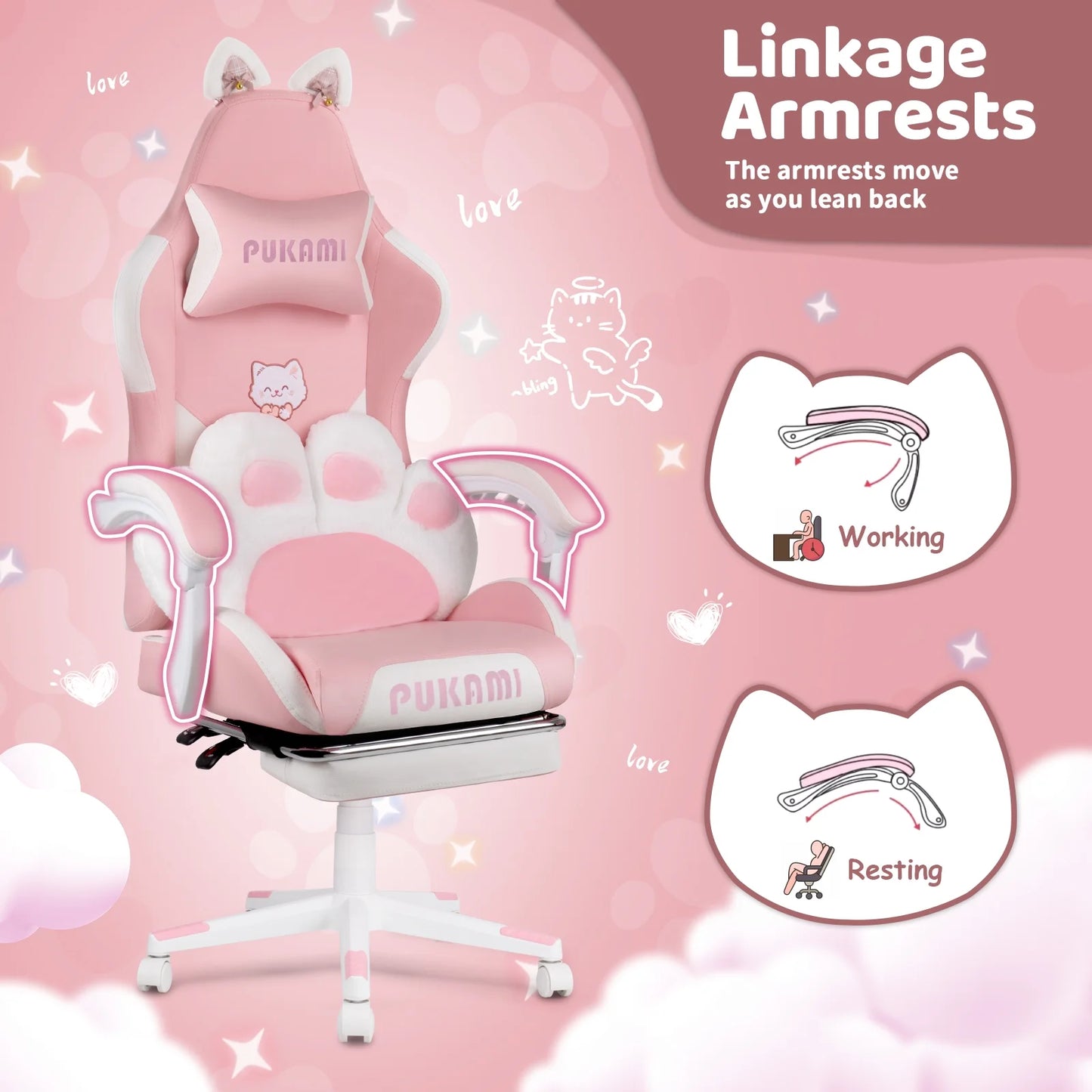 Waleaf Pink Gaming Chair with Cat Paw Lumbar Cushion and Cat Ears for Girls, Reclining Office Computer Chair with Footrest for Adults, Teens