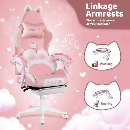 Waleaf Pink Gaming Chair with Cat Paw Lumbar Cushion and Cat Ears for Girls, Reclining Office Computer Chair with Footrest for Adults, Teens