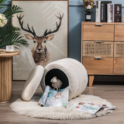 White Boucle Pouf with Storage Vintage Style Living Room