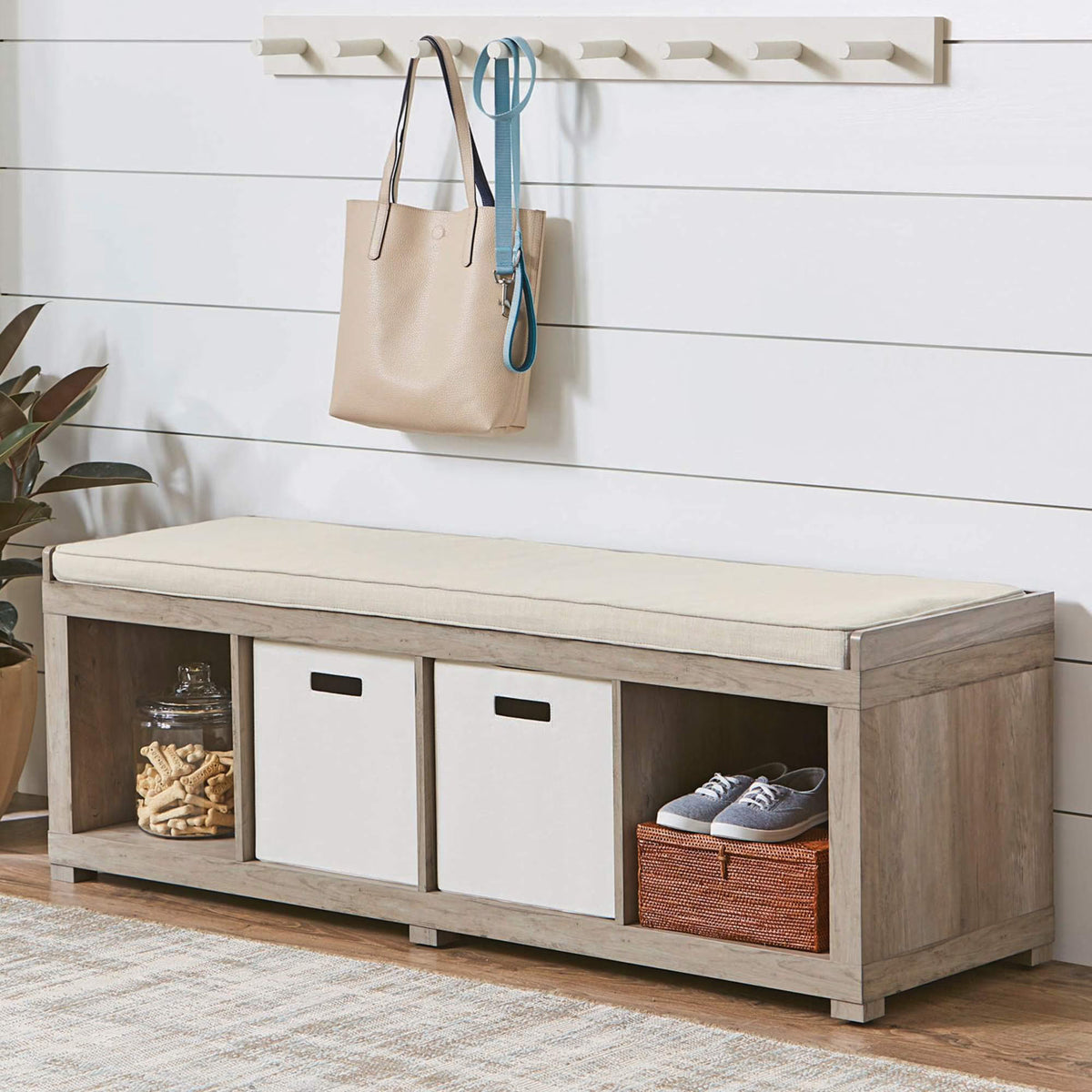 Better Homes & Gardens 4-Cube Shoe Storage 58.39" Bench, Weathered