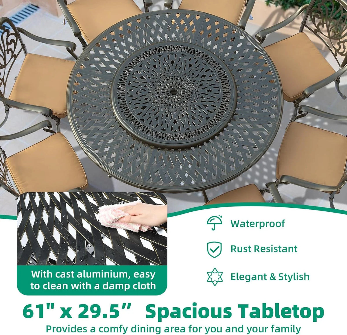 VIVIJASON Outdoor 61" Patio Dining Table for 6-8 Person, Large Patio Round Dining Table with 24" Lazy Susan, Dark Bronze Cast Aluminum Rustic Patio Table W/Umbrella Hole for Balcony, Porch and Deck