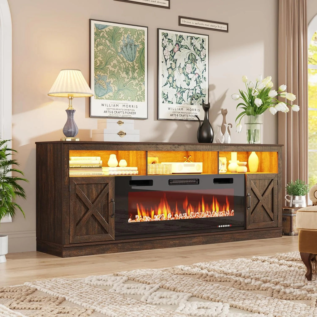 ChVans 70" Fireplace TV Stand for TVs up to 80" with 36" Electric Fireplace, Farmhouse Entertainment Center with LED, Wooden Media Console for Living Room, Bedroom