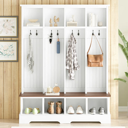 Euroco Farmhouse 59"W Wide Hall Tree with 8 Hooks, Practical Entryway Bench with Open Compartments, 76.7"H Modern 3-in-1 Wooden Style Coat and Shoe Rack for Mudroom, Living Room, Green