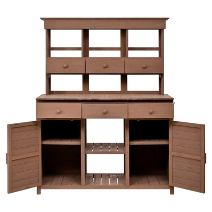 Rustic 65.7'' Tall Garden Potting Bench Table with Hutch, 3 Shelves, 6 Drawers, 2 Cabinets & 3 Side Hooks for Mudroom, Patio, 3 Color