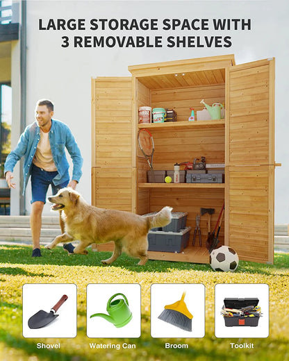 63.2" Outdoor Storage Cabinet, Lofka  Lockable Doors Garden shed with Adjustable Shelves| Asphalt Roof| Ventilate Shutter, Wood Shed with Large Storage Space, Waterproof Roof for Garden, Natural