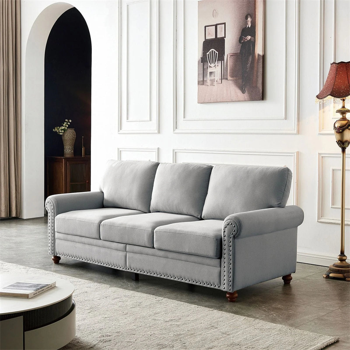 3 Seater Sofa, 82.6" Modern Linen Fabric Tufted Upholstered Accent Sofa with Storage Box and Silver Nails, Curved High Back and Solid Wood Leg for Living Room, 7 Inches Seat Cushion, Grey