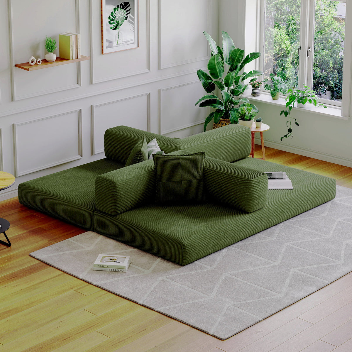 Convertible Sleeper Sofa Bed,Compressed Floor Boneless Couch,Modular Modern Corduroy Sofa for Living Room Bedroom -with Fixed-Shape Frame and Support Armrest,Easy Assembly(Green)