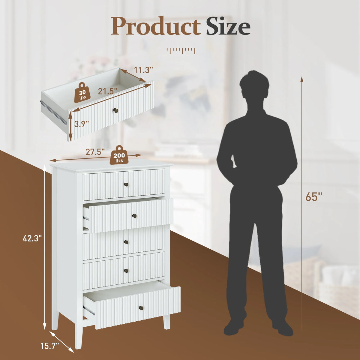 May Color Large White 3 Drawer Dresser Set of 2 with Fluted Panel, Modern Chest of Drawers with Silent Slide Drawers, Wood Accent Nightstand with Storage for Bedroom Living Room, Hallway