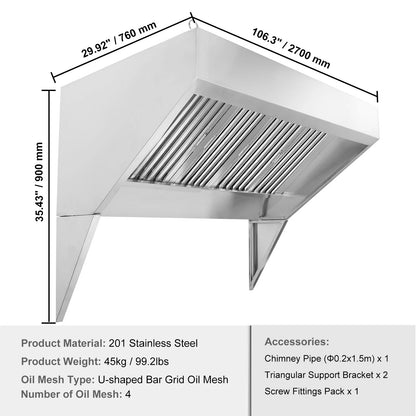 KFFKFF 9FT Stainless Steel Exhaust Hood for Commercial Use, Suitable for Food Trucks and Concession Trailers, Includes 4 Removable U-shaped Grease Filtration Meshes, Durable and Resists Corrosion