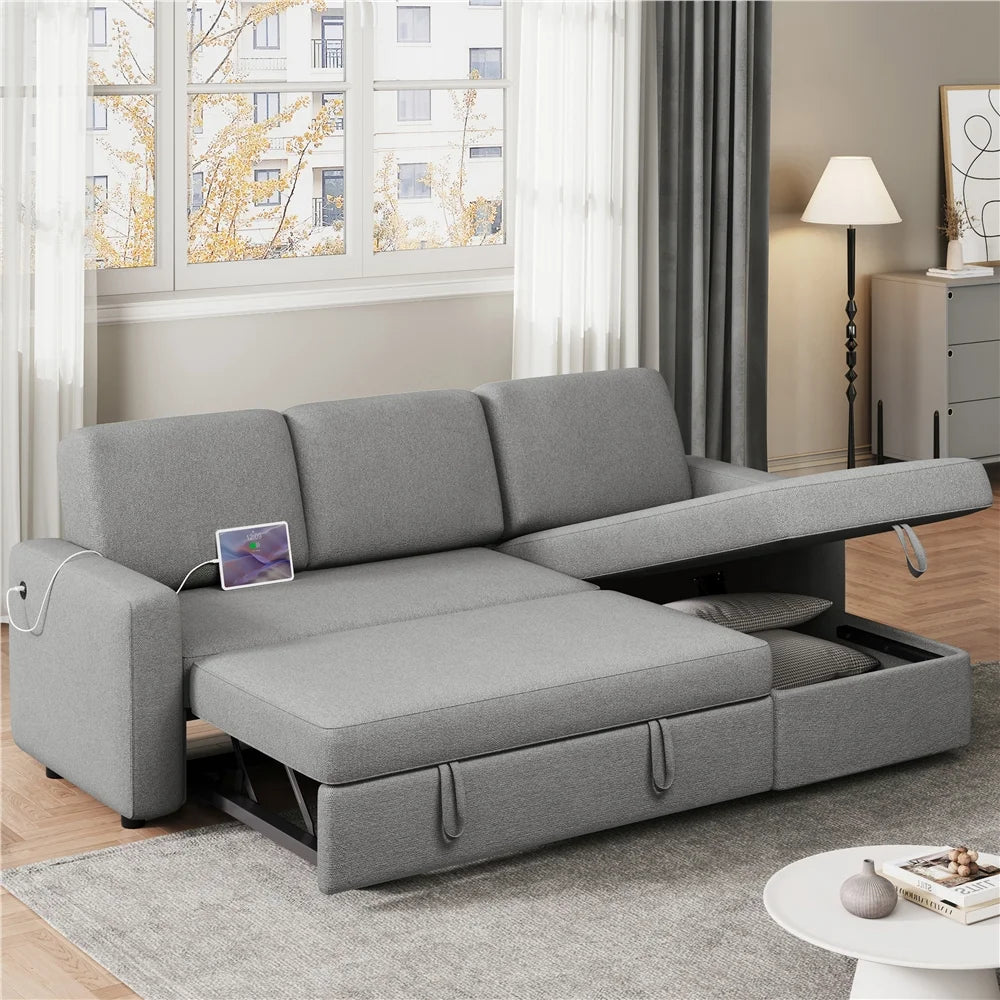 Alden Design Reversible Sectional Sofa with USB & Type-C Ports for Livingroom, Light Gray