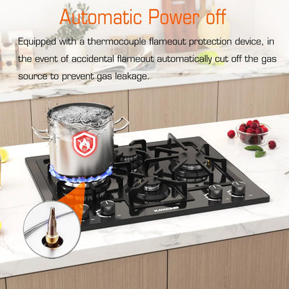 24 Inch Black Gas Cooktop - Built-in Dual Fuel Natural Gas & Propane Stove - 4 Burner Convertible Cooktop with Thermocouple Protection