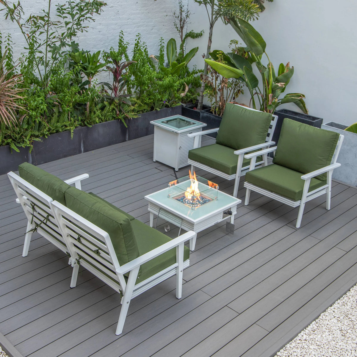 LeisureMod Walbrooke Modern Aluminum 5-Piece Patio Conversation Set with Outdoor Square Fire Pit Table with Slats Design & Side Table Tank Holder (Green)