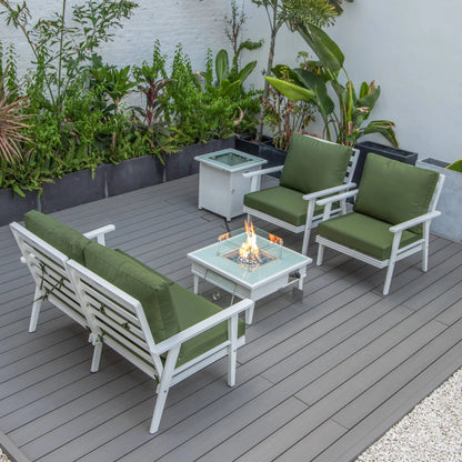 LeisureMod Walbrooke Modern Aluminum 5-Piece Patio Conversation Set with Outdoor Square Fire Pit Table with Slats Design & Side Table Tank Holder (Green)