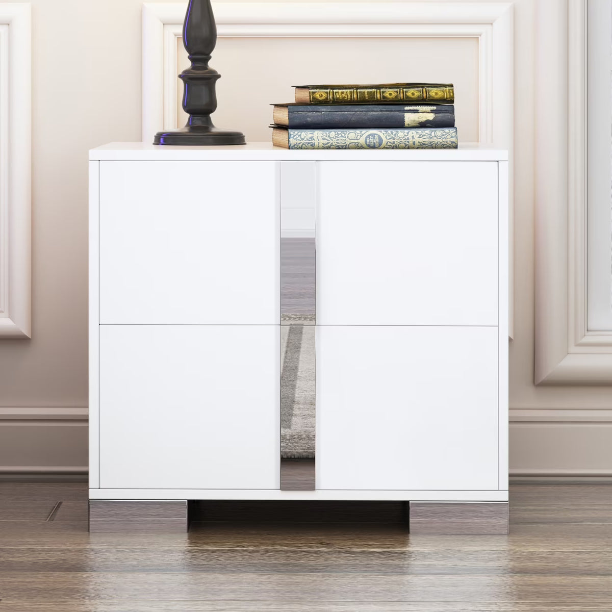 Elegant Nightstand with Metal Handle, Mirrored Bedside Table with 2 Drawers for Bedroom, Living Room, End Sofa Side Table for Living Room, Office, White