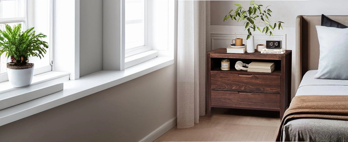 UBesGoo Nightstand 2 Drawer Dresser Side Table, Soild wood & MDF with Solid Wood Veneer, Brown