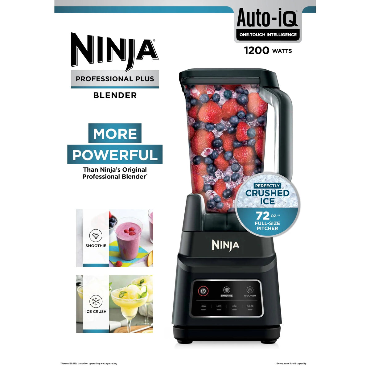Ninja Professional Plus Blender, 2 Auto-IQ Programs for Smoothies, Frozen Drinks, 1200 W, 72 oz* Total Crushing Pitcher, Black, BN700