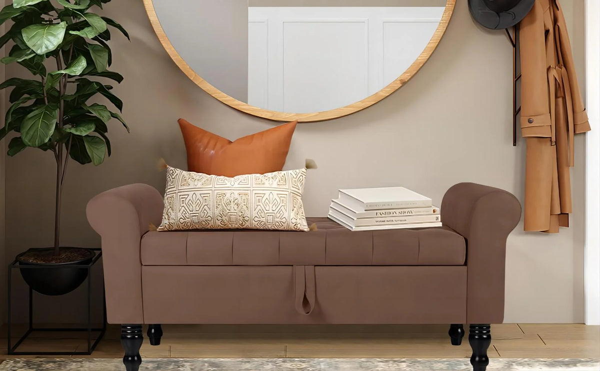 Storage Bench with Upholstered Rolled Arm Ottoman Bench Couch w/ Solid Wood Legs for Bedroom End of Bed,and Living room,Gray