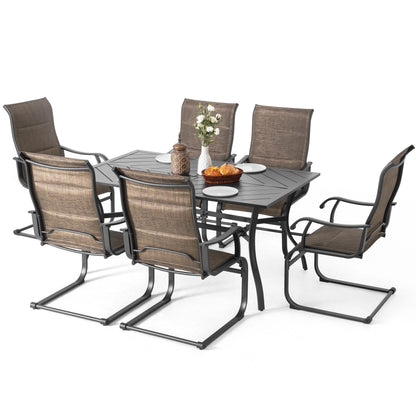 Nuu Garden 7 Piece Outdoor Dining Set, Outdoor Padded Textilene Patio Chairs and 61'' Rectangular Dining Table with Umbrella Hole, Grey & Black