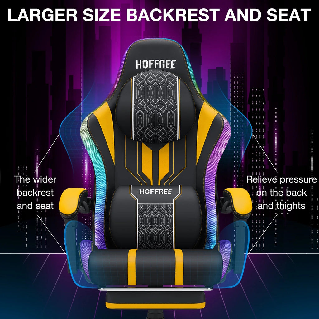 HOFFREE Big and Tall Gaming Chair with Speakers and RGB Lights, Gamer Chair with Footrest, Lumbar Support Height Adjustable 360-Swivel Seat and Headrest for Adults, 400lbs