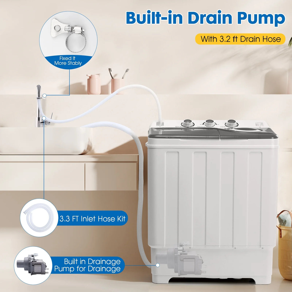 Artbros 28lbs Portable Twin Tub Washing Machine with Drain Pump, Compact Laundry Washer for Apartments, Dorms, Blue